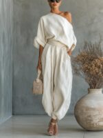 Loose Wide-leg Casual Top With Lantern Pants In Cotton And Linen - Image 3