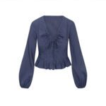 Gentle V-neck Top With Drawstring And Ruffled Hem Detailing - Image 3