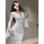 Red V-neck Lace Hollow-out Long-sleeve Dress - Image 2
