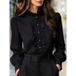Womens Solid-Color French-Elegant Ruffle-Trimmed Shirt - Image 8