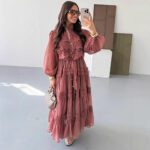 Long-sleeve Hollow-out Mesh Patchwork Dress With Lantern Sleeves - Image 5