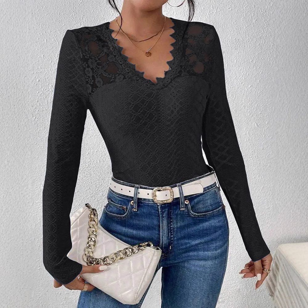 fc03ac67-1832-4cb0-bd69-4d3e6d115594.jpg Solid-color V-neck Lace-panel Long-sleeve T-shirt Top For Womenelegant Style - Image 1