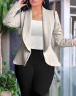 Womens Knitted Jacquard Lapel Fitted Waist Long Sleeve Coat - Image 4