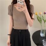 Cream-yellow V-neck Cap-sleeve Short-sleeve Womens Summer Top - Image 9