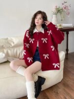 Bow Knit Sweater Coat Women Loose Design Sense Cardigan Top Casual Style - Image 2