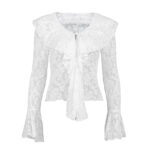 Womens Solid-Color French Style Flared-Sleeve Ruffle-Trim Shirt - Image 4