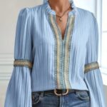 Womens Solid-Color Crochet-Trimmed Patchwork Loose Lantern-Sleeve Shirt - Image 3