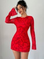 Casual, Versatile Waist-cinching Dress With A Red Floral Print - Image 6