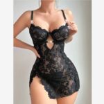 Womens See-Through Embroidered Lace Babydoll And Thong Two-Piece Set - Image 5