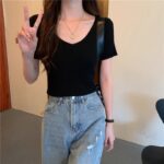 Cream-yellow V-neck Cap-sleeve Short-sleeve Womens Summer Top - Image 5