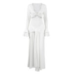 Womens Stylish V-neck Patchwork Hollow-out White Dress - Image 4