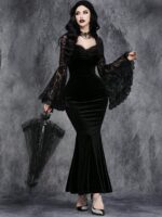 Lace-panelled Cinched-waist Dress With Flared Sleeves - Image 6