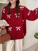 Bow Knit Sweater Coat Women Loose Design Sense Cardigan Top Casual Style - Image 5