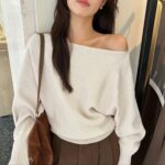 Korean-style Elegant Red Long-sleeve Knit Top With A Slanted Shoulder Design