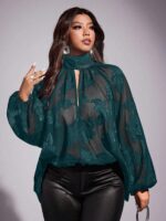 Plus-size Floral Sheer Long-sleeve Scarf-collar Chic Workwear Shirt - Image 7