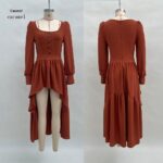 Womens Long-Sleeve Retro Western Solid-Color Dress Without Belt - Image 4