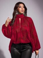 Plus-size Floral Sheer Long-sleeve Scarf-collar Chic Workwear Shirt - Image 2