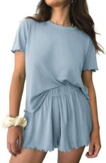 Relaxed Casual Cre Neck Short Sleeve Top And Shorts Set - Image 6