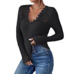 Solid-color V-neck Lace-panel Long-sleeve T-shirt Top For Womenelegant Style - Image 3
