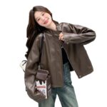 Womens Cropped American Retro Coffee-colored Leather Biker Jacket - Image 5