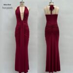 Solid Color Elegant Halter Deep V Waist-slimming Long Dress - Image 7