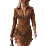 Womens Fashionable Casual Denim Long-Sleeve Dress With Tassels - Image 3