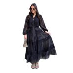 Long-sleeve Hollow-out Mesh Patchwork Dress With Lantern Sleeves - Image 3