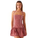 Neck-hanging Ruffled Cake-style Mini Dress With A Lace-trimmed Plaid Design - Image 6