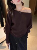 Korean-style Elegant Red Long-sleeve Knit Top With A Slanted Shoulder Design - Image 8
