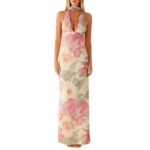 Womens Floral Halterneck Deep V-Neck Backless Bodycon Maxi Dress - Image 10
