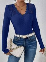 Solid-color V-neck Lace-panel Long-sleeve T-shirt Top For Womenelegant Style - Image 5