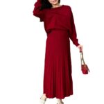 Women's Fashion Round Neck Solid Color Long Sleeved Pleated Skirt Set - Image 7
